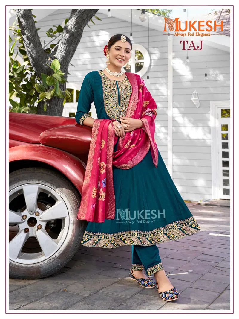 Taj By Banwery Vichitra Silk Designer Readymade Suits Suppliers In India